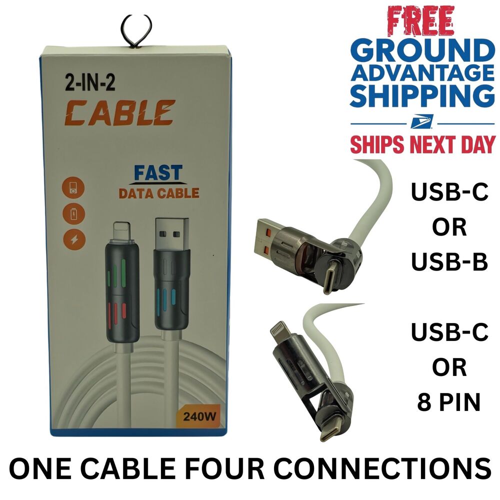 Multi Connector Charging Cable 6ft USB A USB C to USB C Lightning LED Tips White